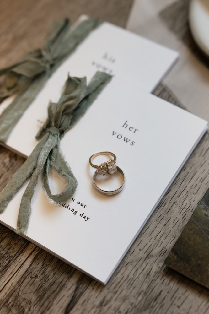 Wedding rings resting on the vow books